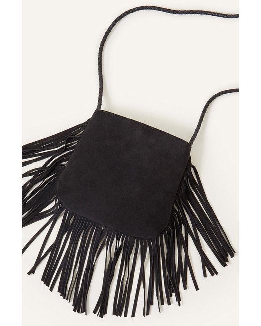 Accessorize Black Leather Fringe Cross-body Bag