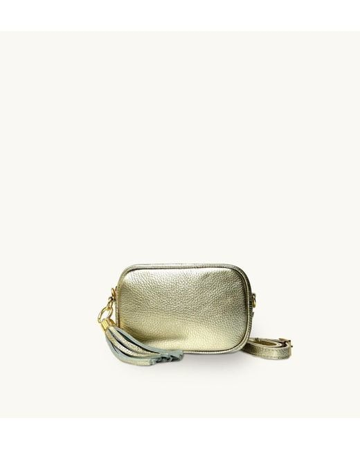 Apatchy London Metallic The Mini Tassel Gold Leather Phone Bag With Pale Pink Leopard Strap