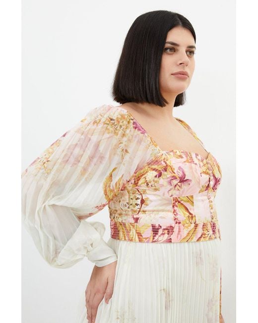 Karen Millen Pink Plus Size Border Print Floral And Satin Bodice Pleat Woven Maxi Dress