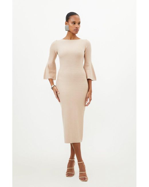 Karen Millen Natural Petite Compact Wool Look Knit Midi Dress With Fluted Sleeve