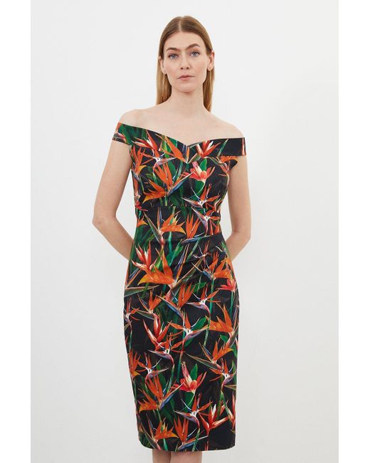 Karen Millen White Tailored Tropical Lily Print Cotton Sateen Bardot Midi Dress