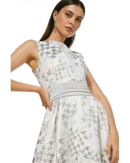 Karen Millen White Houndstooth Jacquard Full Midi Dress