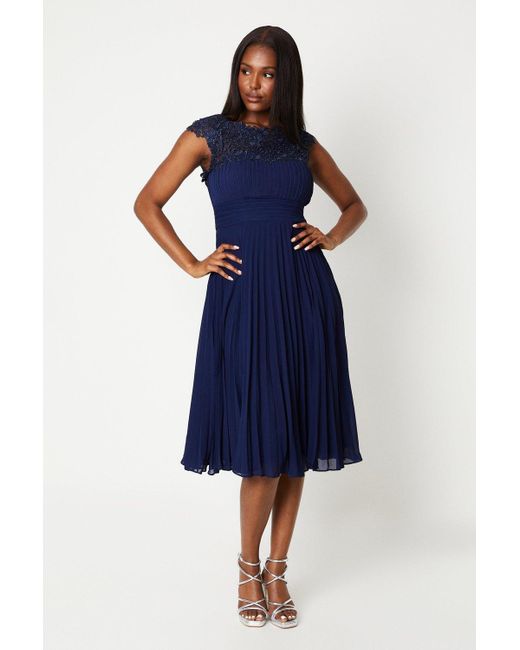 Coast Blue Lace Top Pleated Skirt Midi Dress