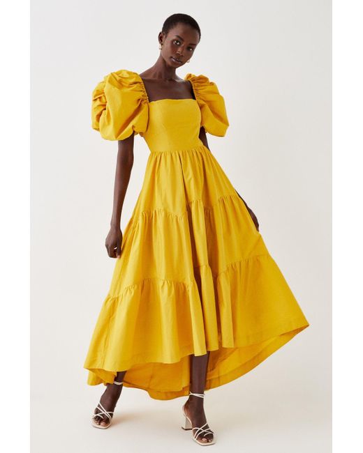 Coast Yellow Puff Sleeve Tiered High Low Maxi Dress
