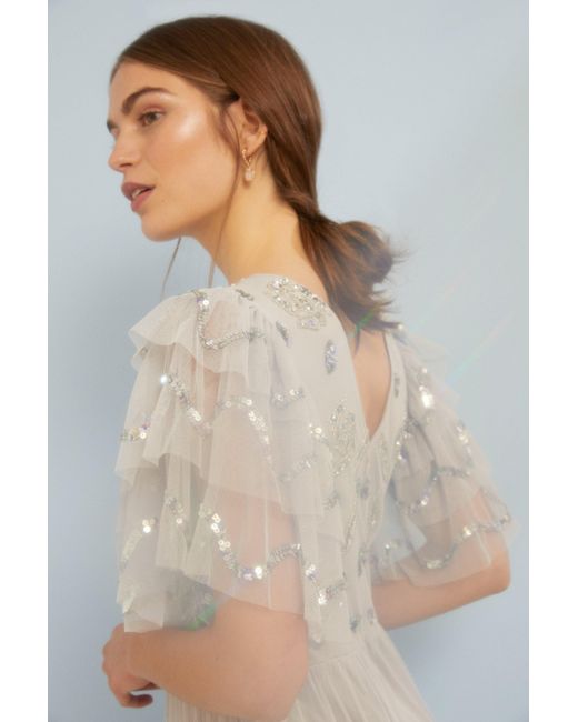 Oasis Gray Premium Sequin Angel Sleeve Maxi Dress