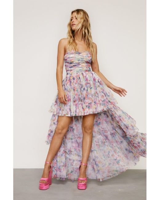 Nasty Gal White Recycled Floral Print Tulle High Low Dress