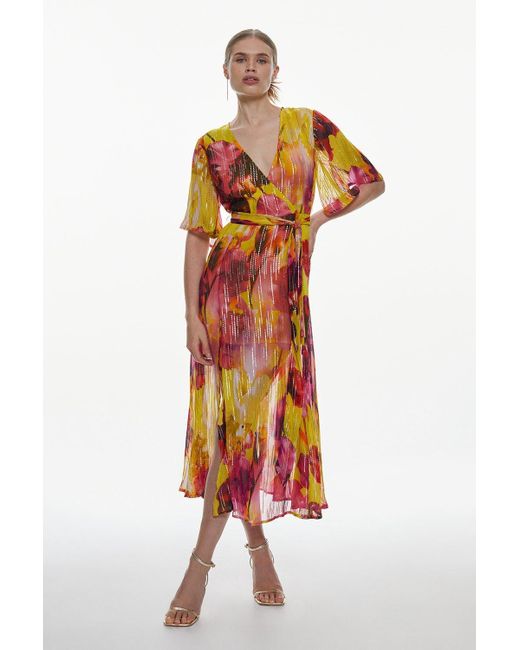 Karen Millen Multicolor Floral Sparkle Iridescent Wrap Midi Dress