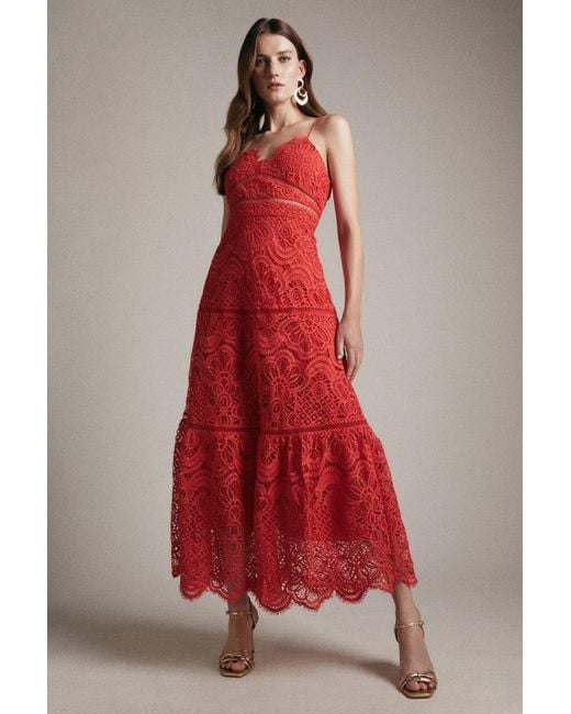 Karen Millen Red Eyelash Lace Midi Prom Dress