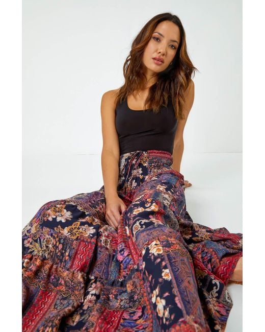 Roman Boho Floral Shirred Waist Maxi Skirt