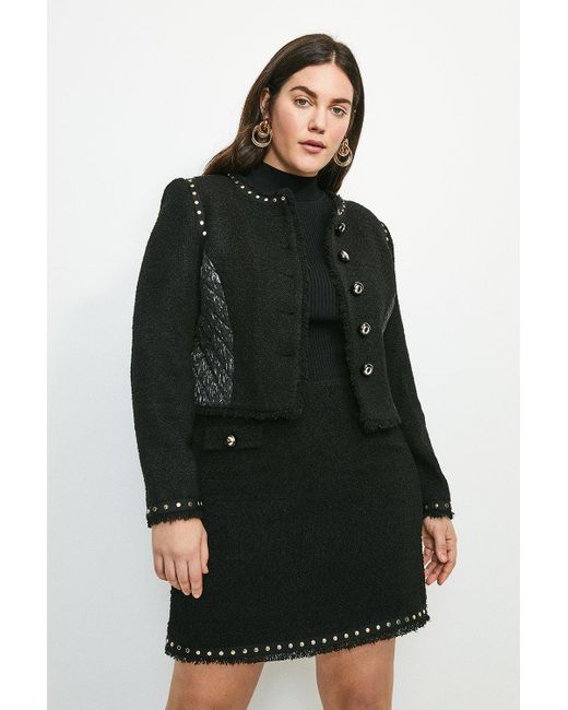 Karen Millen Black Plus Size Boucle Quilted Studded Trophy Jacket