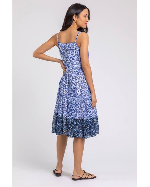 Roman Blue Abstract Border Print Fit & Flare Dress