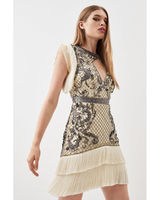 Karen Millen Natural Tall Pu Leather Sequin Woven Mini Dress