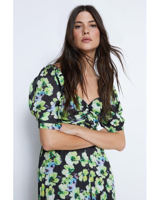 Warehouse Green Floral Printed Ruched Sleeve Pleated Midi Dress