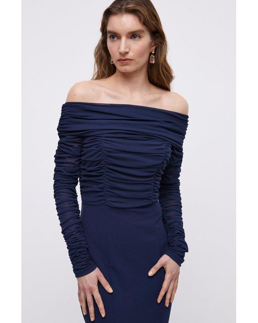 Coast Blue Mesh Bardot Stretch Crepe Fishtail Bridesmaids Maxi Dress