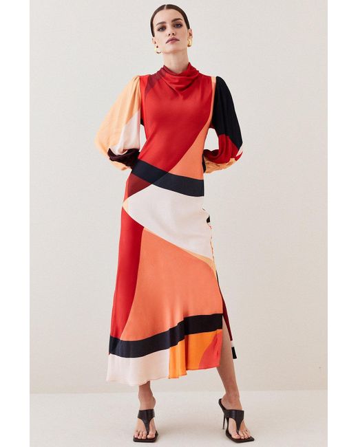 Karen Millen Red Draped Stretch Satin Colour Block Midi Dress