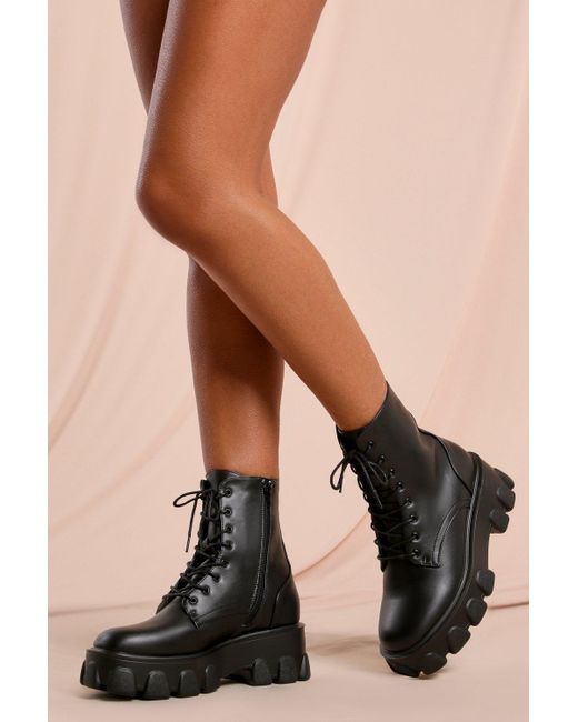 MissPap Black Chunky Cleated Lace Up Ankle Boot