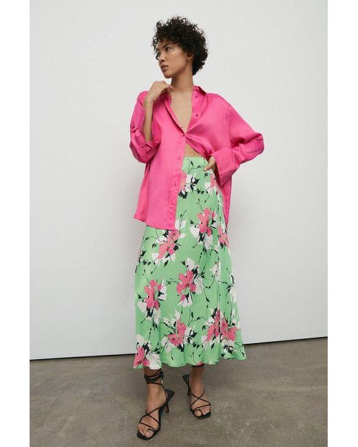 Warehouse Pink Satin Slip Skirt In Floral
