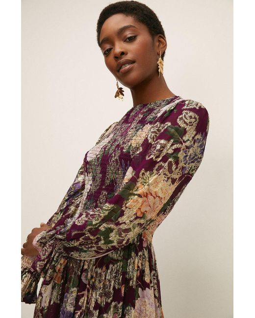 Oasis Natural Rhs Metallic Berry Floral Shirred Dress