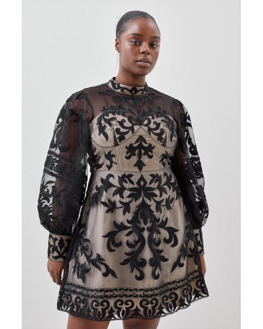 Karen Millen Gray Plus Size Baroque Applique Woven Mini Dress