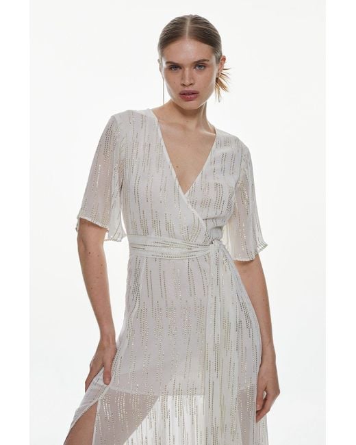 Karen Millen White Sparkle Iridescent Wrap Midi Dress