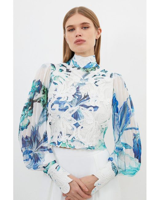 Karen Millen Blue Floral Applique Woven Lace Blouse