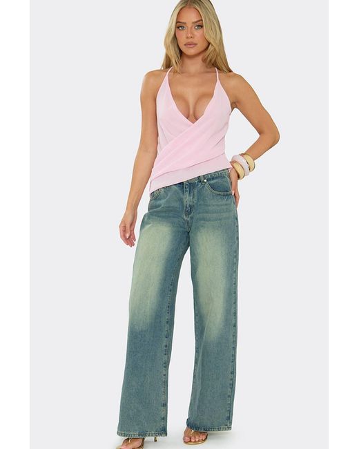 EGO Blue Sleeveless Plunging Neckline Cross Back Chiffon Top