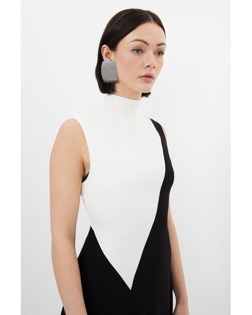 Karen Millen White Fluid Tailored Colour Block Panel High Neck Midi Dress