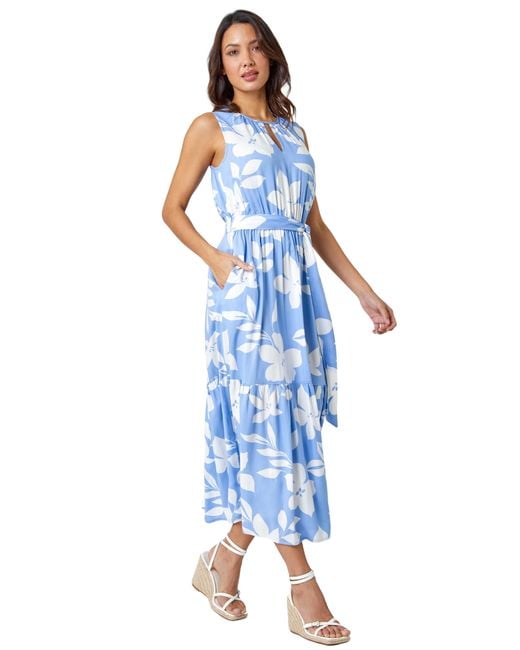 Roman Blue Sleeveless Floral Print Maxi Dress