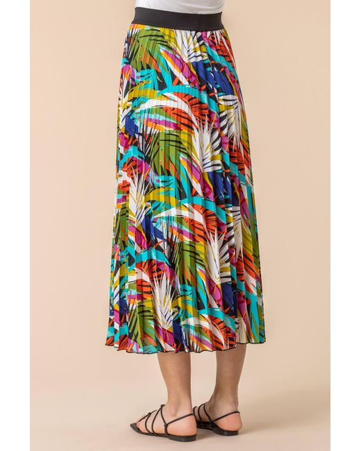 Roman Multicolor Tropical Leaf Print Pleated Maxi Skirt