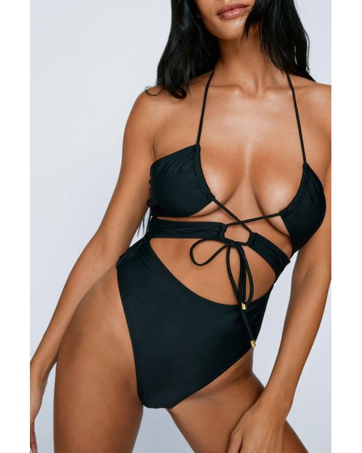 Nasty Gal Black Recycled Ruched Tie Cut Out Halterneck Swimsuit