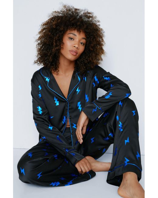 Nasty Gal Blue Satin Foil Lightening Bolt Pajama Pants Set