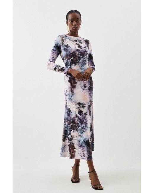 Karen Millen Gray Abstract Print Jersey Crepe Long Sleeve Midaxi Dress