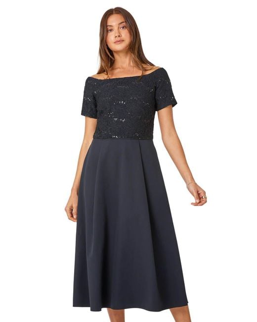 Roman Blue Lace Bardot Midi Stretch Dress