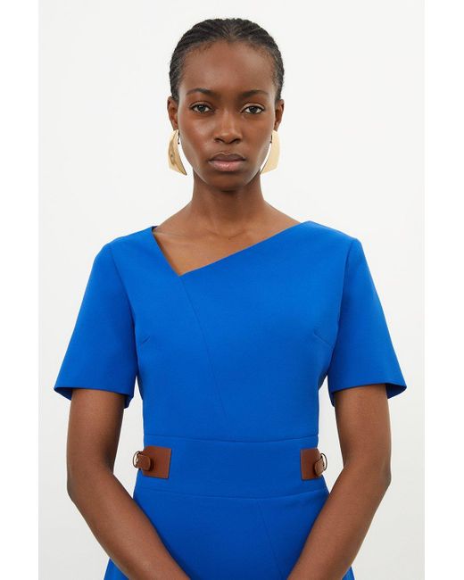 Karen Millen Blue Petite Tailored Crepe Asymmetric Neckline Pleated Midi Dress