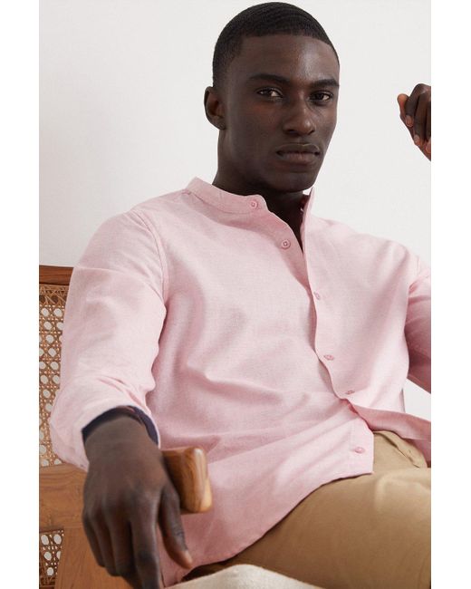 Burton Pink Slim Fit Chambray Grandad Collar Shirt for men