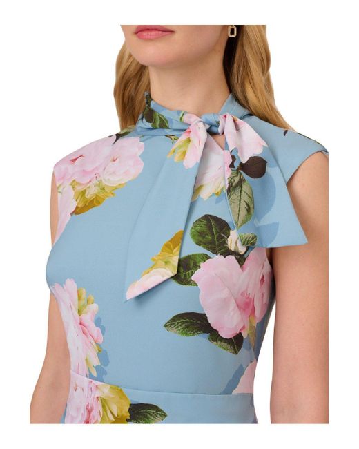 Adrianna Papell Blue Floral Printed Tie Neck Dress
