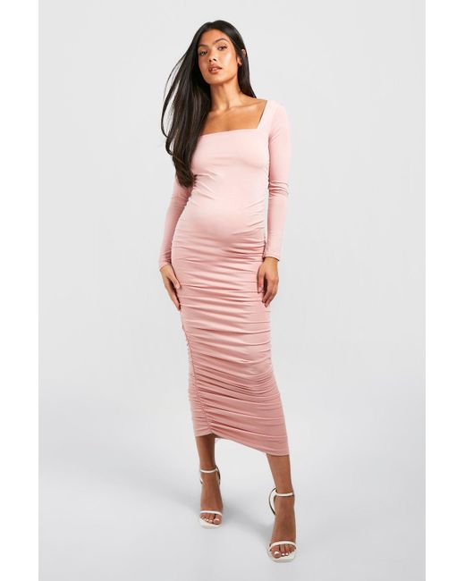 Boohoo Pink Maternity Square Neck Ruched Midi Dress