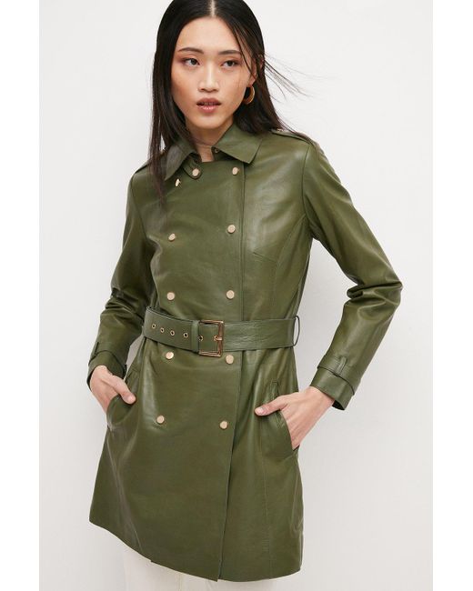 Karen Millen Green Leather Stud Detail Belted Trench Jacket
