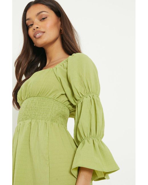 Dorothy Perkins Green Petite Lime Puff Sleeve Shirred Midi Dress