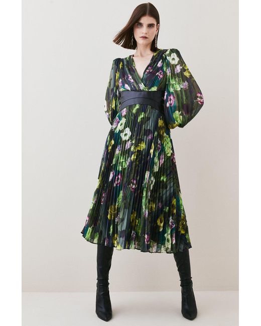 Karen Millen Green Floral Pleated Pu Woven Maxi Dress