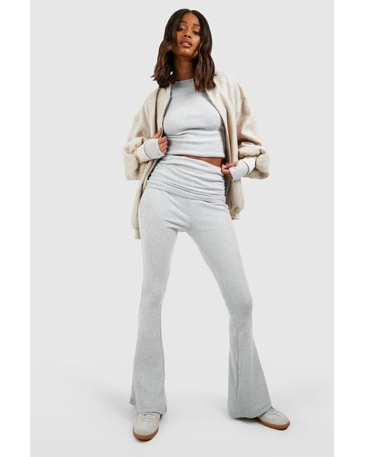 Boohoo White Brushed Rib Long Sleeve Top And Fold Over Flared Trouser