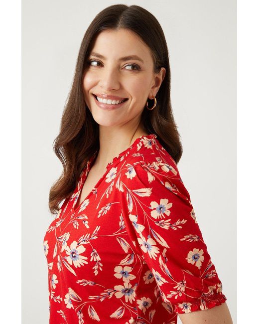 Wallis Red Floral Print Ruched Sleeve Jersey Top