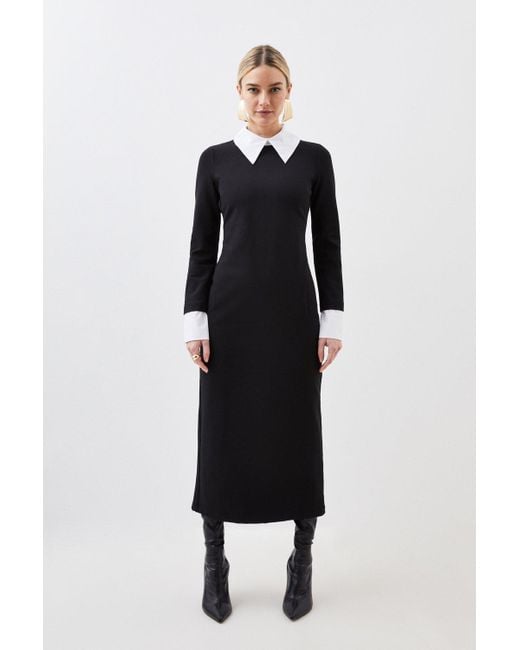 Karen Millen Black Petite Jersey Cotton Poplin Midi Collar Dress