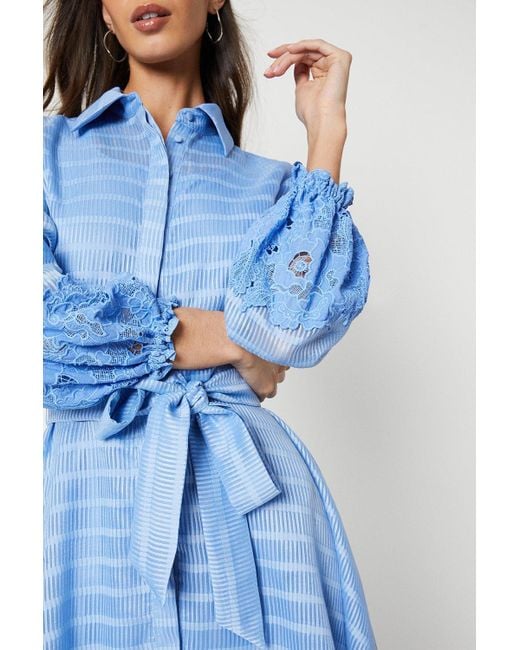 Coast Blue Lace And Stripe Organza Belted Shirt Dress With 3/4 Sleeve