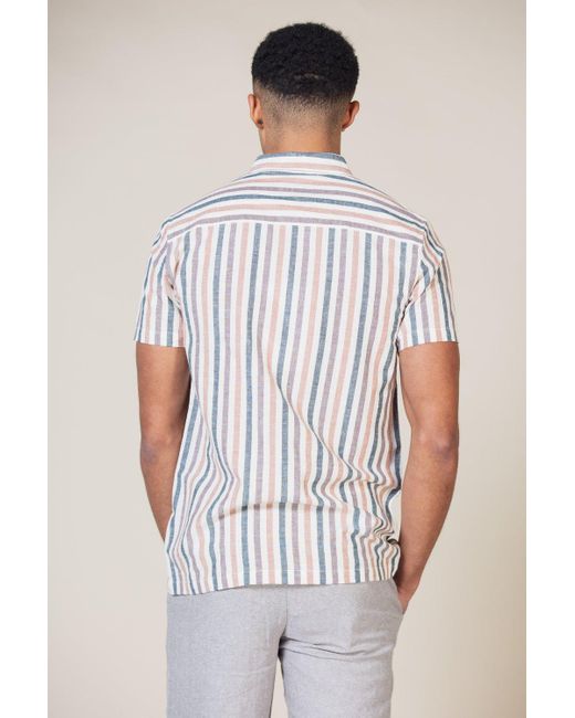Nordam White Cotton Linen Blend Short Sleeve Button-up Striped Shirt for men