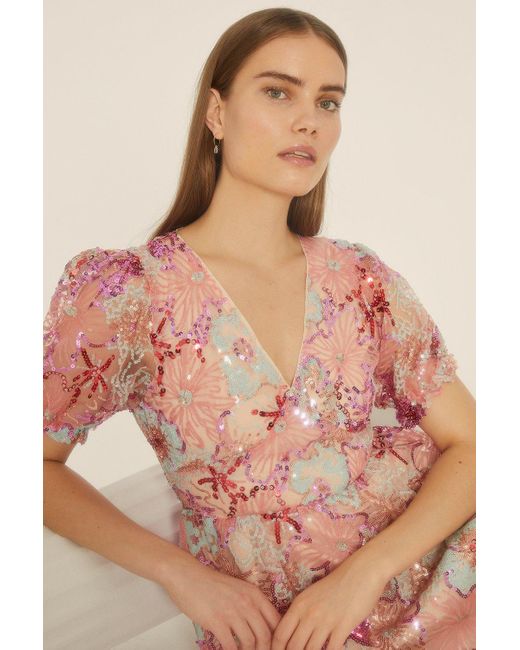 Oasis Pink Sequin Embroidered Floral Mesh V Neck Skater Dress