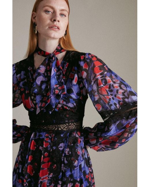Karen Millen Black Printed Lace Mix Volume Sleeve Maxi Dress