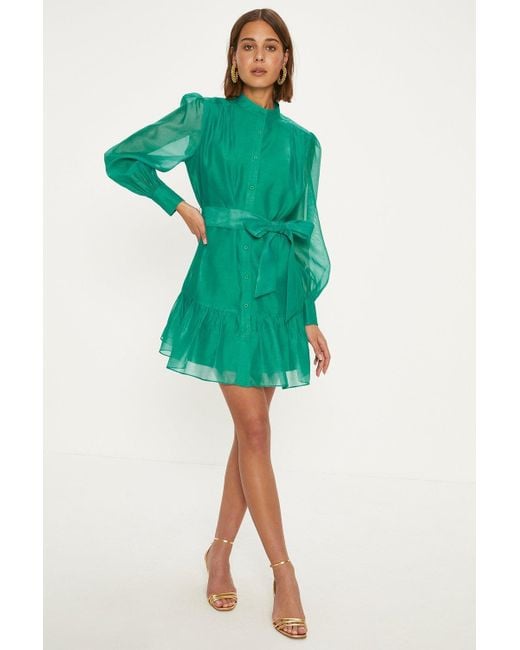 Oasis Green Bright Organza Belted Mini Shirt Dress
