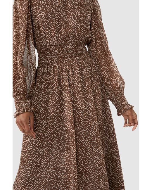 PRINCIPLES Brown Printed Shirred Waist Chiffon Midi Dress