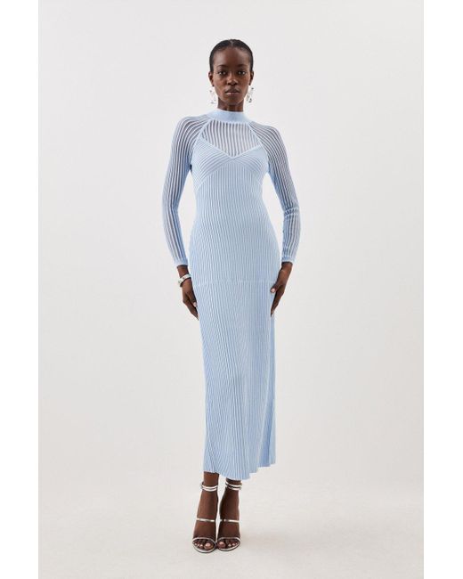 Karen Millen Blue Petite Viscose Blend Sheer Knit Column Midaxi Dress
